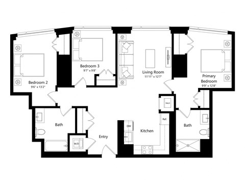 a floor plan of a unit with three bedrooms, two bathrooms, and a living room.